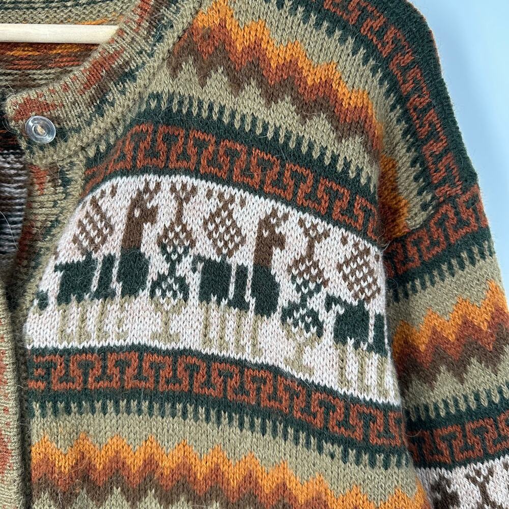 Vintage Mens 100% Alpaca Andean Peru Llama Cardigan Fair Isle Crew Neck Sweater - Picture 5 of 8